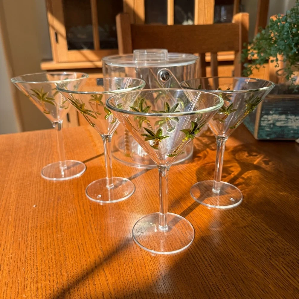 Palm Tree Martini Glass Set Acrylic Tiki Ice Bucket Tropical Cocktail Set 7 pc